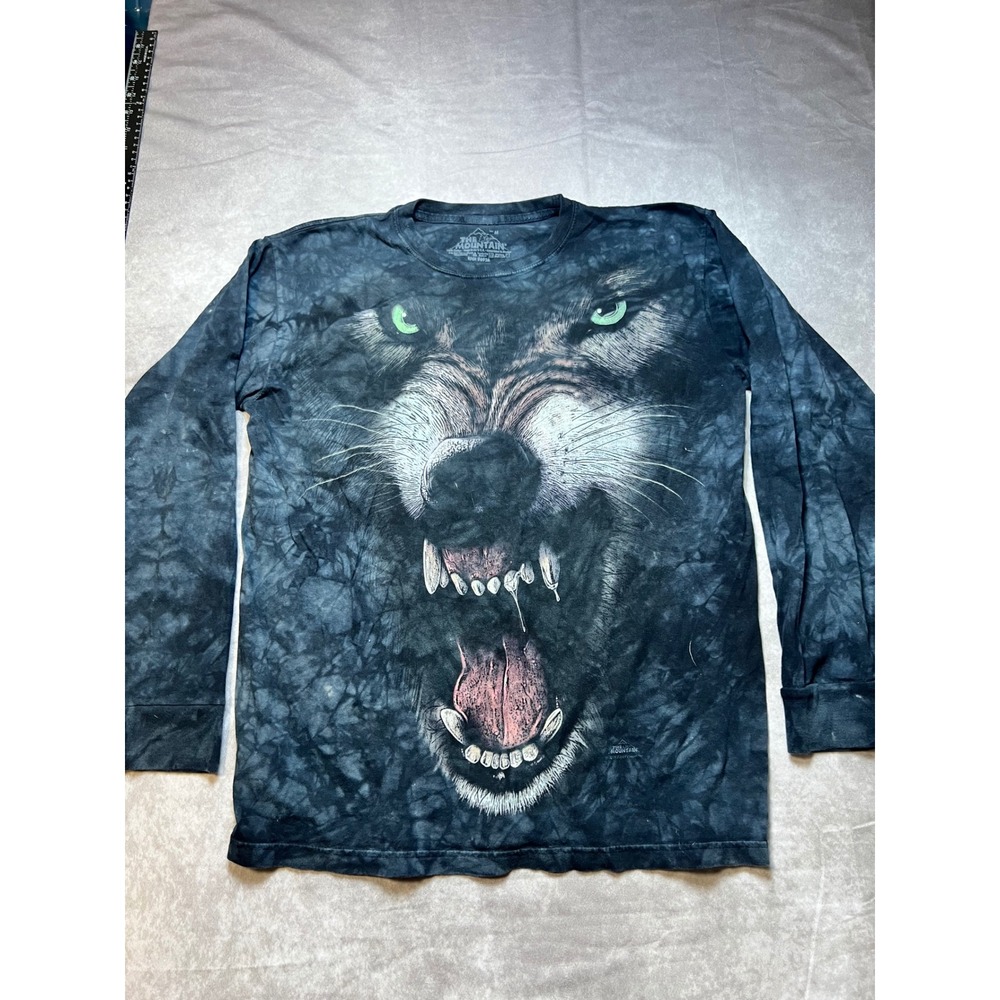 The Mountain Men Long Sleeve T-Shirt Medium Grey Wolf Snarling Tie-Dye Graphic